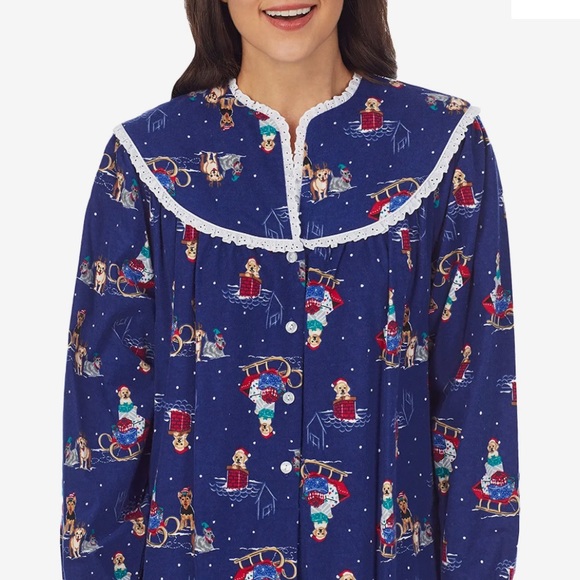 NWT Lanz of Salzburg lace long flannel cotton nightgown christmas holiday print - Picture 10 of 17